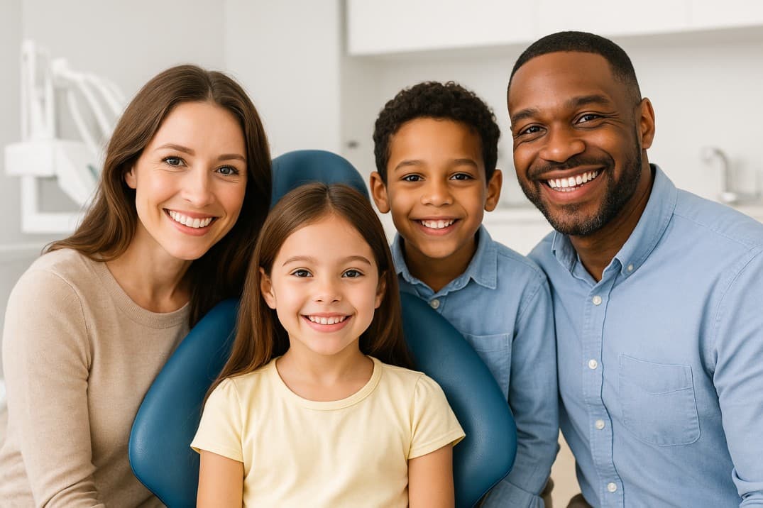 https:Smiling family with children at a dental office, representing trusted family dentistry and comprehensive dental care services at South Gate Smile Dental in South Gate, CA.